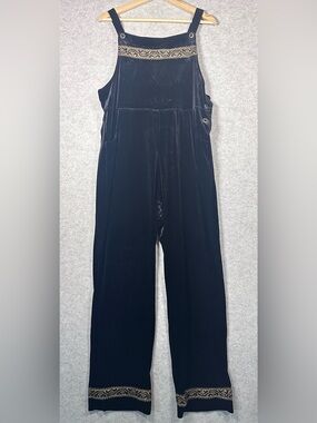 Coldwater Creek Vintage Black Velour Overalls Gold Lace Trim Jumper Overalls M